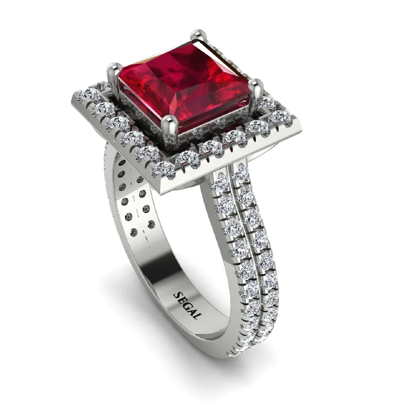 Gold Engagement Ring-Gorgeous Princess Cut Ruby Pave Double Shank Engagement Ring With Hidden Stone - Margot No. 12