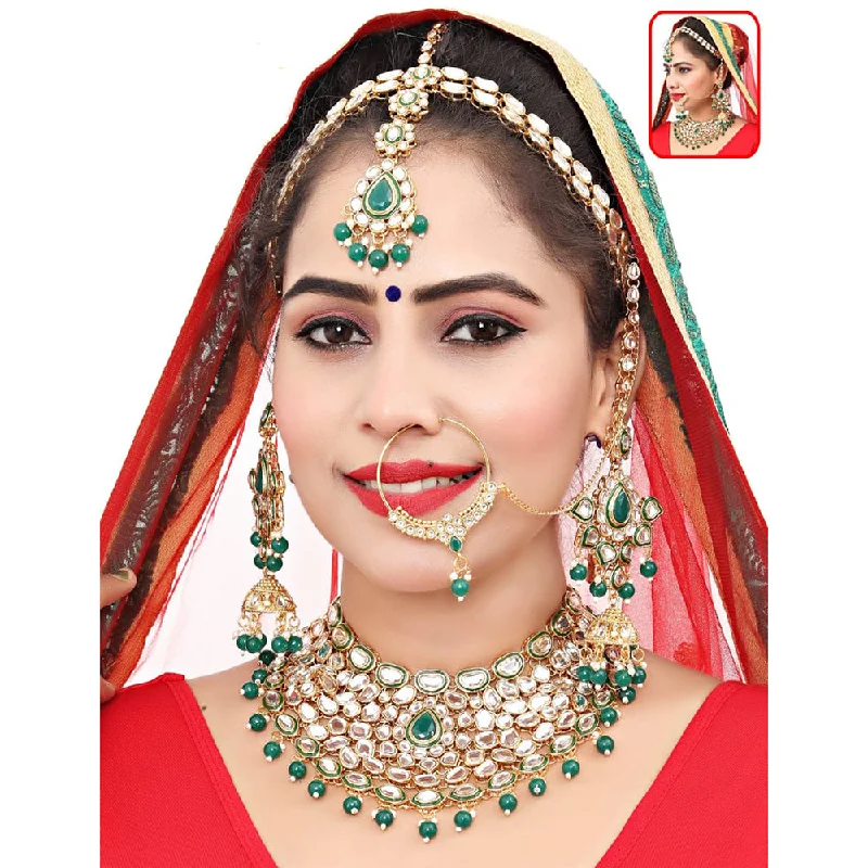 Personalized Silver Necklace-The Fashion Jewels Gold Plated Kundan Stone And Beads Semi Bridal Necklace Set