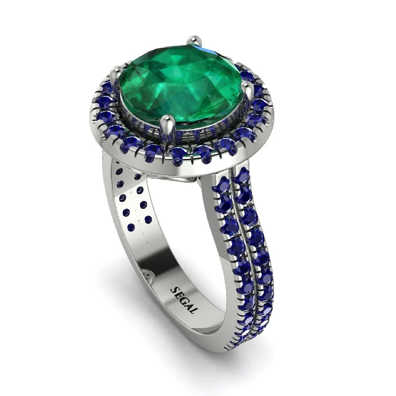 Blue Sapphire Ring-Gorgeous Round Cut Emerald Pave Double Shank Engagement Ring With Hidden Stone - Ellen No. 66