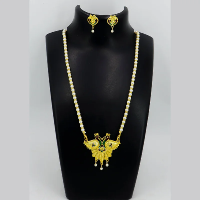 Elegant Gold Necklace-Mahavir Gold Plated Pearls Meenakari Long Necklace Set