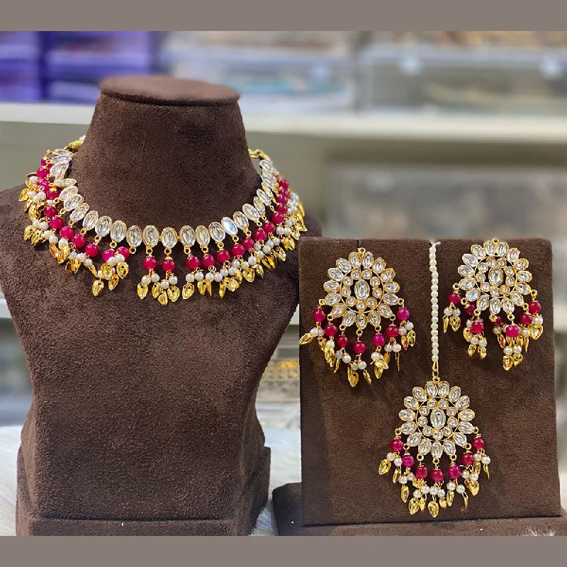 Fancy Choker Necklace-Hira Collection Gold Plated Kundan Stone And Beads Necklace Set