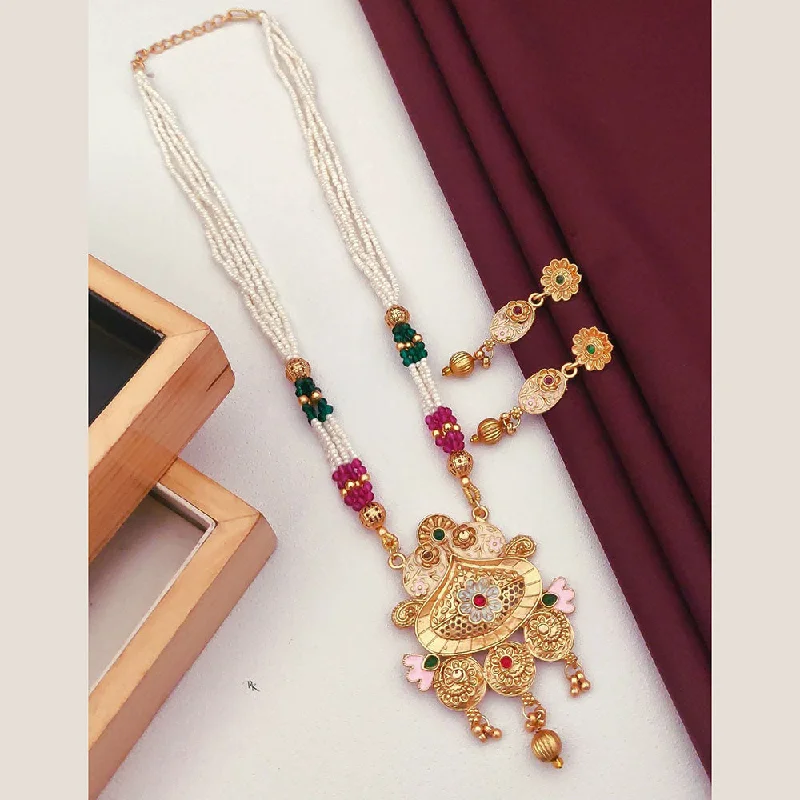 Bold Crystal Necklace-Akruti Collection Gold Plated Pota Stone And Pearls Long Necklace Set