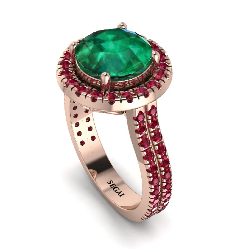 Beautiful Emerald Ring-Gorgeous Round Cut Emerald Pave Double Shank Engagement Ring With Hidden Stone - Ellen No. 50