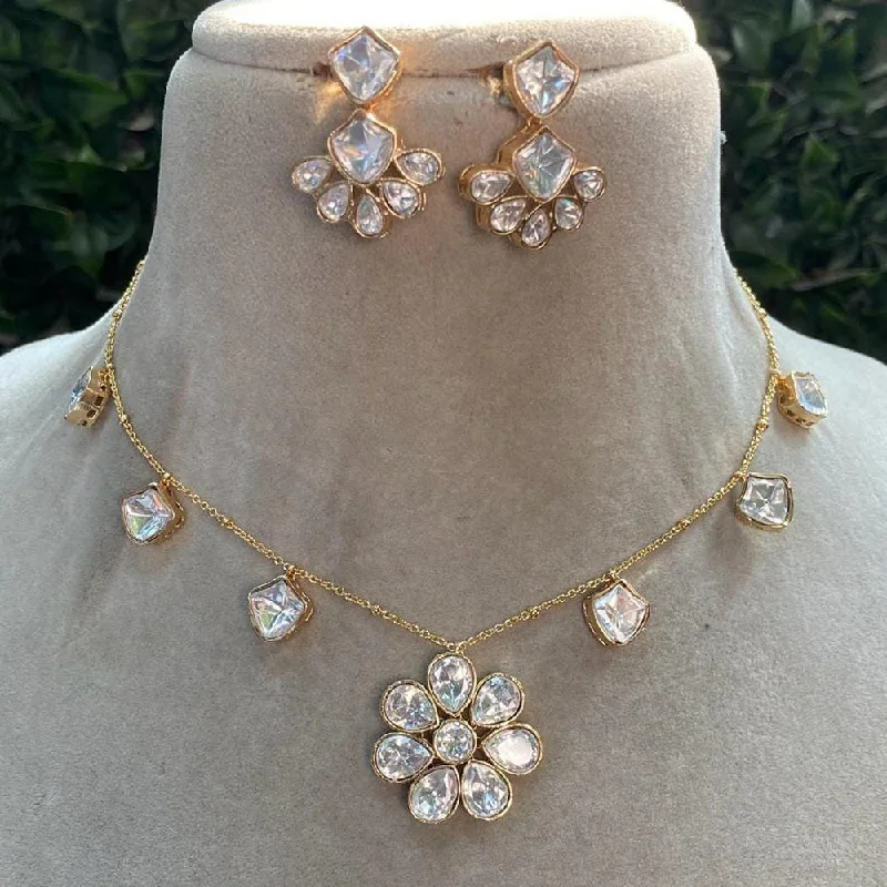 Gold Bar Necklace-Shagna Gold Plated Polki Kundan Stone Necklace Set