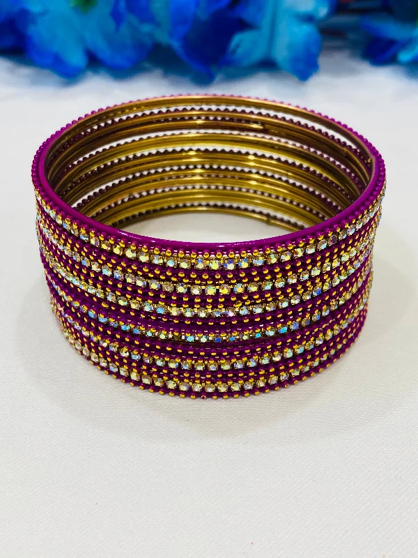 Custom Design Bangle Set-Appealing Purple Color Metal Bangles With Glistening Stones For Women