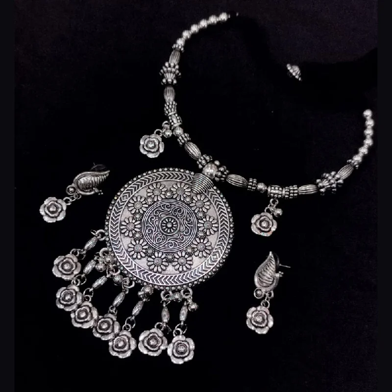 Silver Bar Necklace-SNERA Oxidised Plated Navratri Special Necklace Set