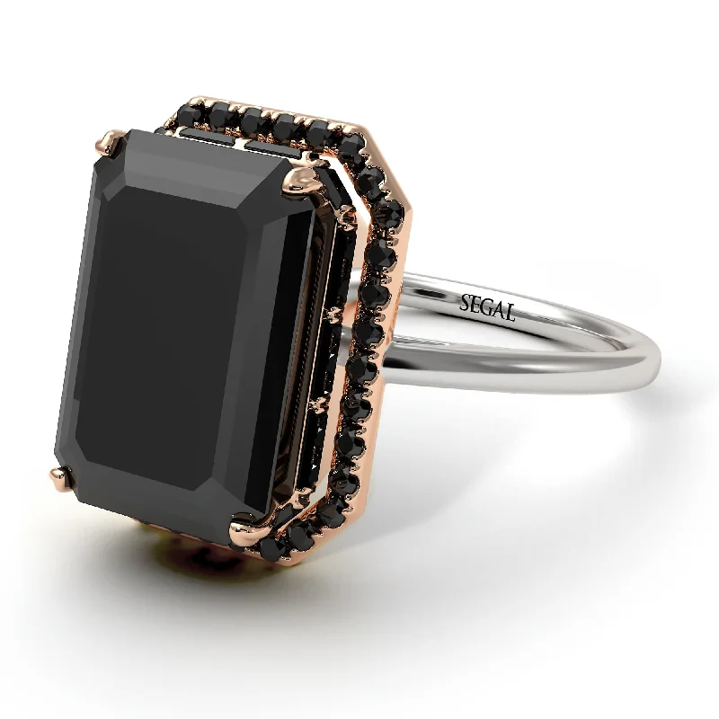 Chic Silver Cocktail Ring-Two Tones Halo Emerald Cut Black Diamond Ring With Hidden Diamonds - Rowan No. 81