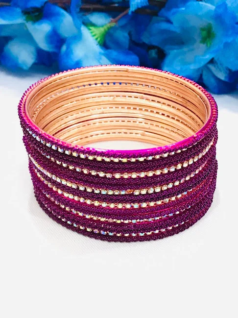 Gold Bangles for Women-Gorgeous Purple Colored White Stoned Metal Bangles For Women