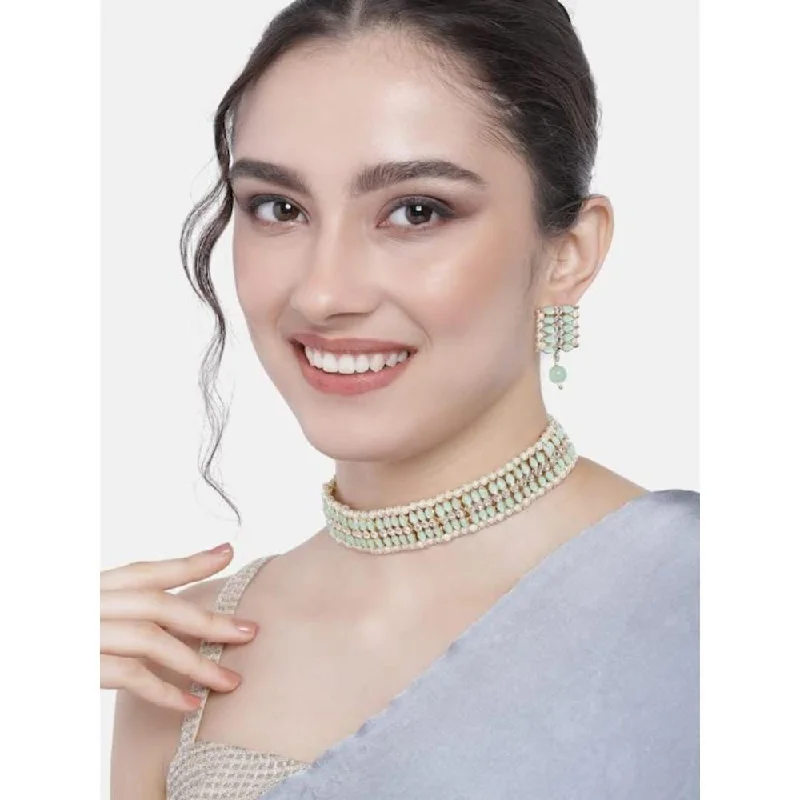 Gold Choker Necklace for Women-Etnico Gold Plated Traditional Kundan Pearl Choker Necklace Jewellery Set For Women And Girls (K7209) (Mint)