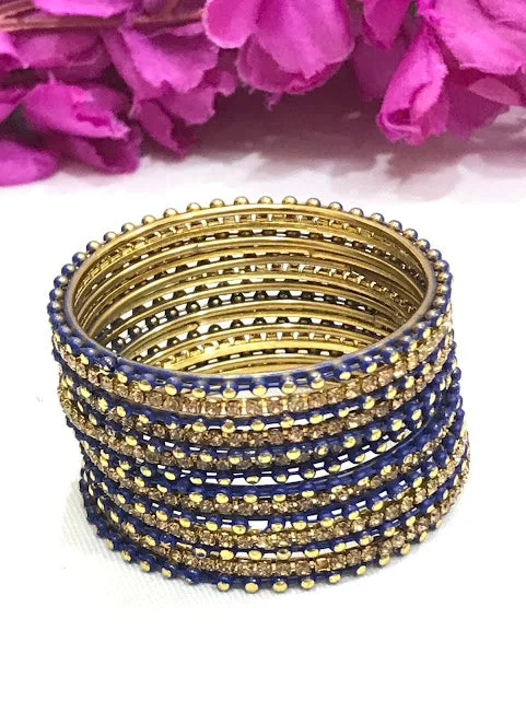 Wedding Bangle Set for Bridesmaids-Lovely Blue Color Metal Bangles With Golden Stone For Girls