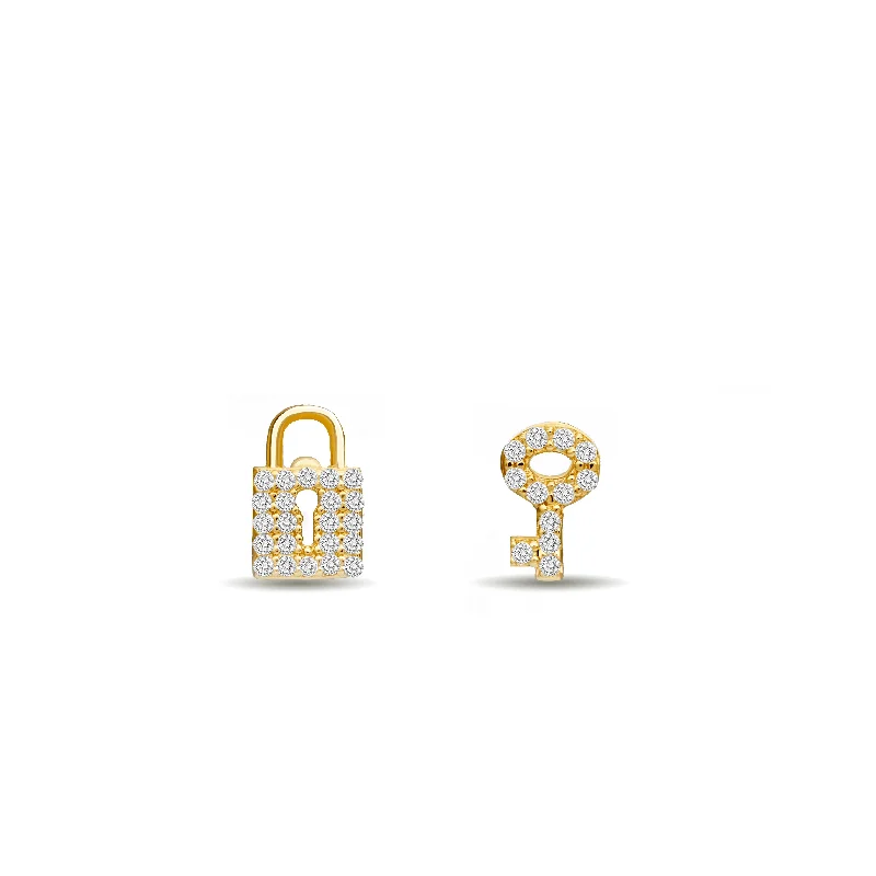 Classic Round Earrings-Diamond Pave Lock & Key Stud Earring - 14 karat gold diamond earring studs, diamonds 0.17ct