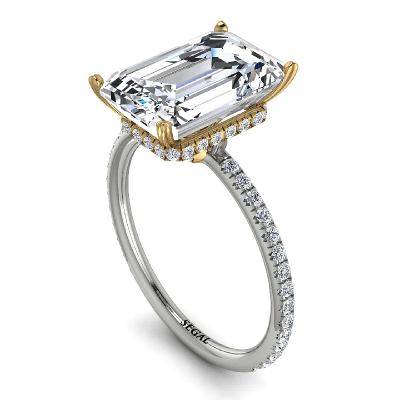 Classic Wedding Ring-Two Tones Hidden Halo Emerald Cut Diamond Engagement Ring - Melodi No. 77