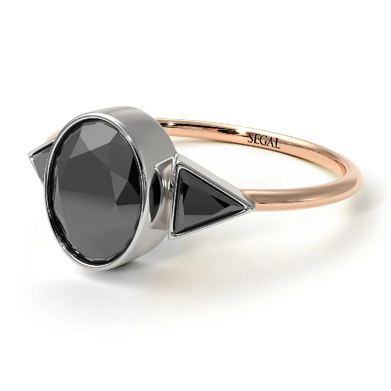 Unique Silver Wedding Ring-Two Tones Geometrical Bezel Black Diamond Ring - Trinity No. 81