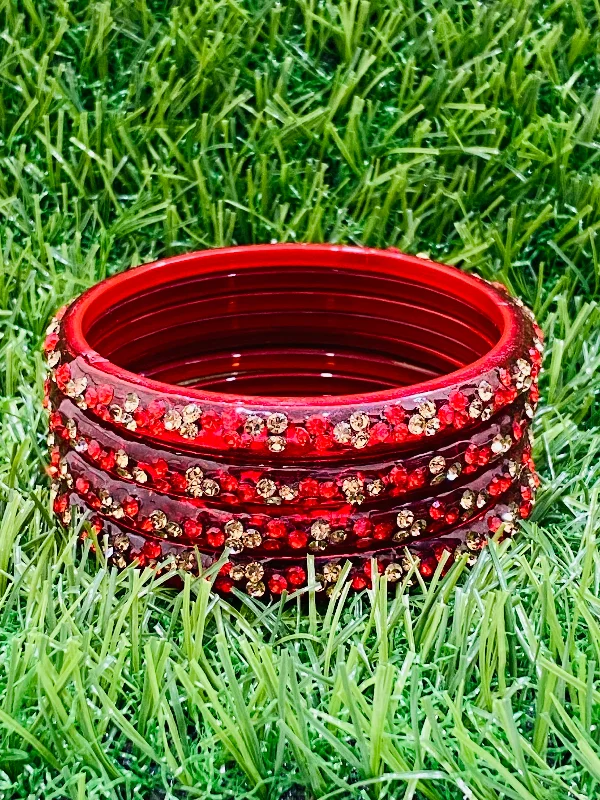 Silver Bangles with Pearls-Beautiful Red Color Stoned Design Glass Bangles For Women