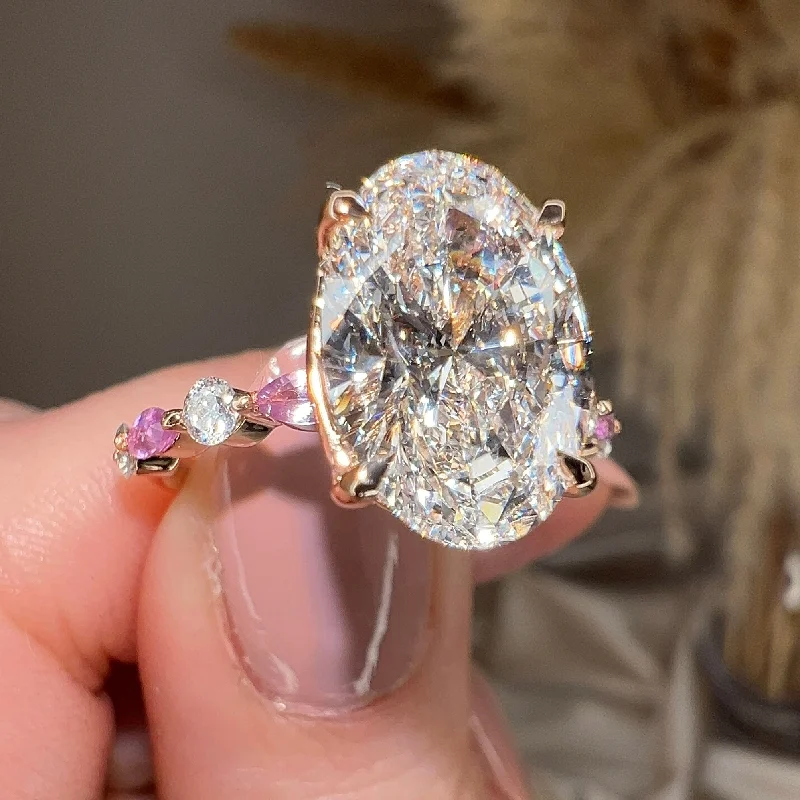 Gemstone Cocktail Ring-"Capri" 5 Carat Oval Cut Pink Lab Grown Diamond Shoulders Rose Gold Engagement Ring