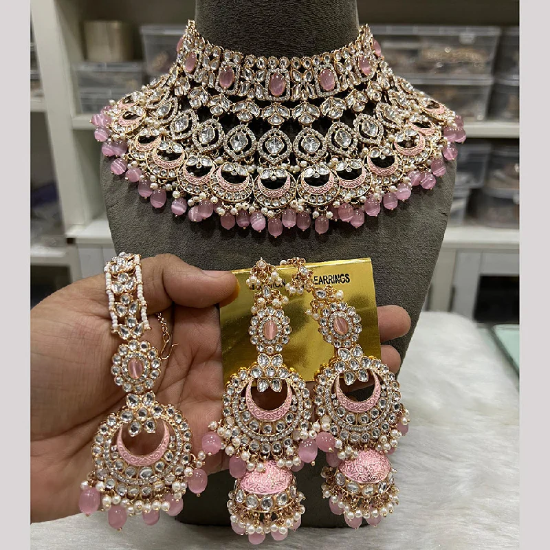 Luxury Diamond Pendant Necklace-Hira Collections Gold Plated Kundan Stone And Pearls Meenakari Choker Necklace Set