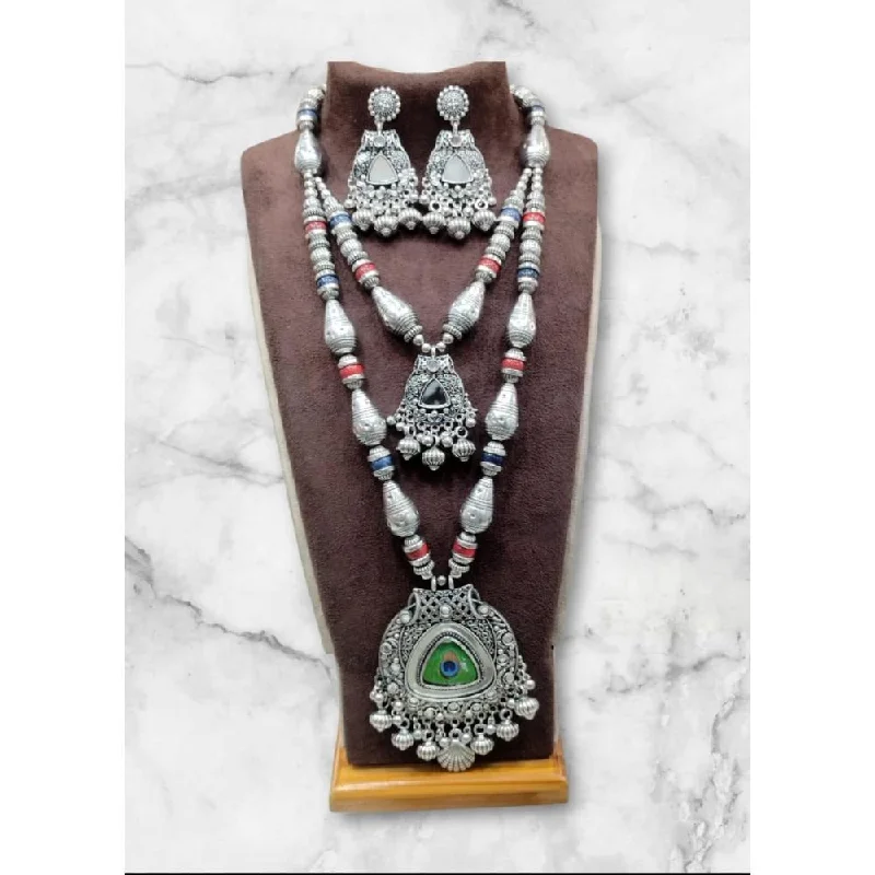 Diamond Heart Pendant Necklace-Akruti Collection Oxidised  Plated Long mirror Necklace Set