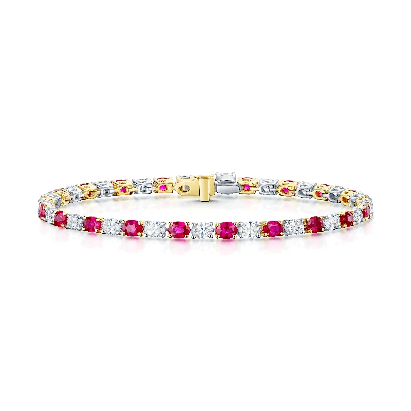 Crystal-Studded Bracelets-18ct Yellow & White Gold Oval Cut Ruby & Diamond Set Bracelet