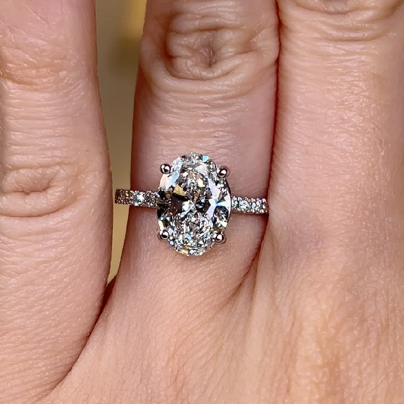 Solitaire Engagement Ring-"Angy" 3 Carat Oval Cut Diamond Pave Set Diamond Shoulders Engagement Ring