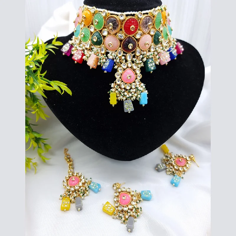 Elegant Turquoise Necklace-JCM Gold Plated Kundan Stone And Beads Choker Necklace Set