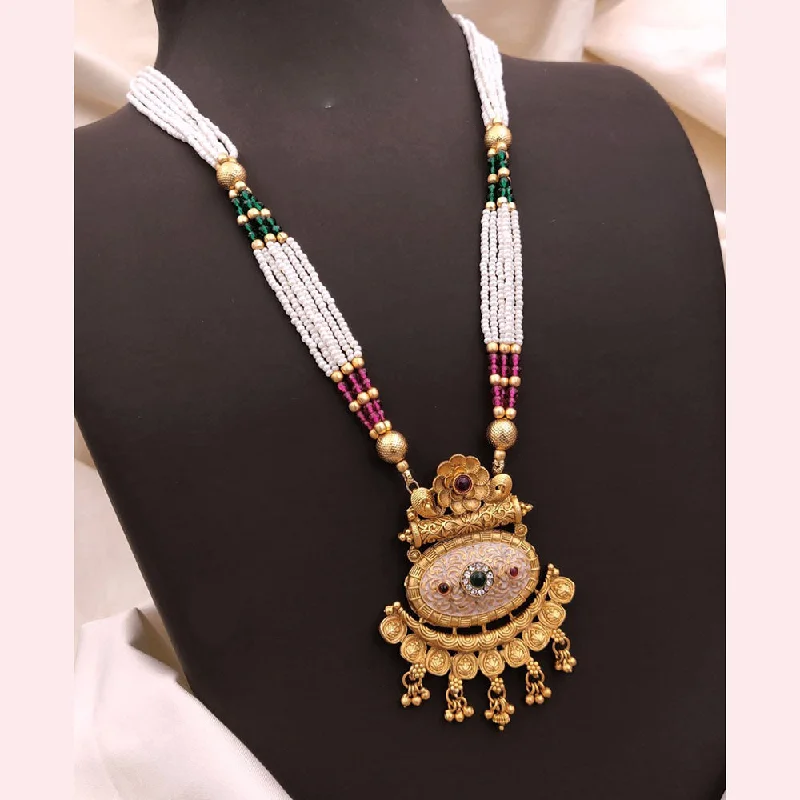 Custom Birthstone Jewelry Necklace-Akruti Collection Gold Plated Pota Stone And Pearls Long Necklace Set