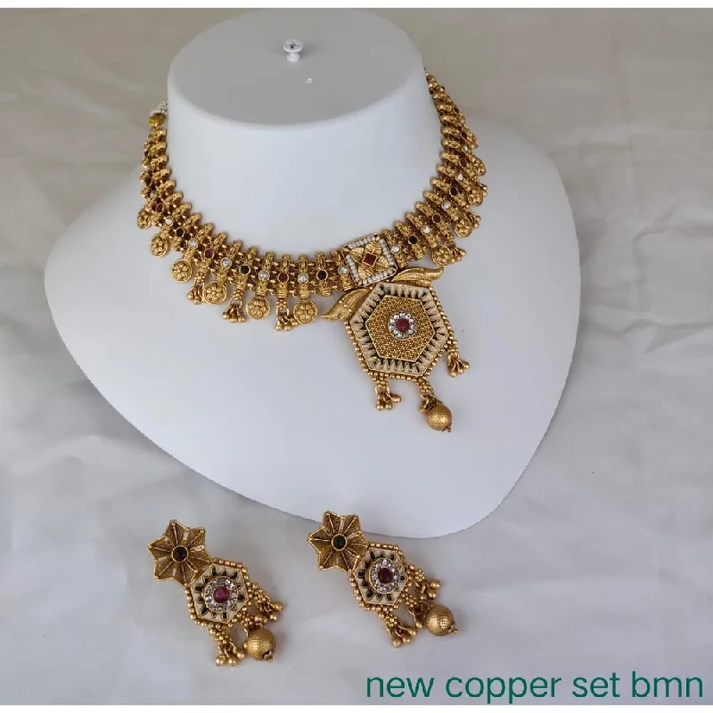 Unique Leather Necklace-Akruti Collection Copper Gold Plated Pota Stone Necklace Set