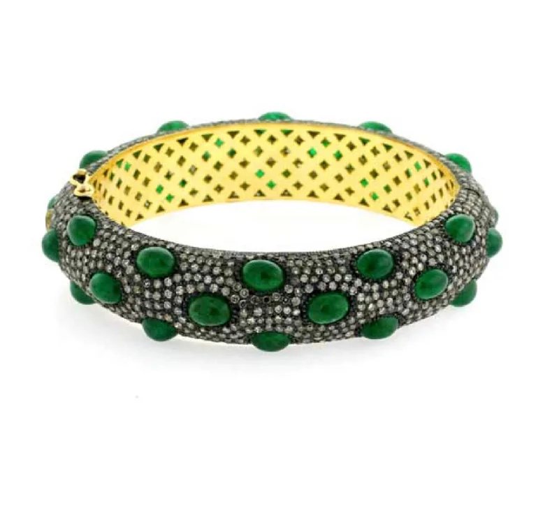 Chunky Gold Bangles-Emerald Cabochon and Pave Bangle