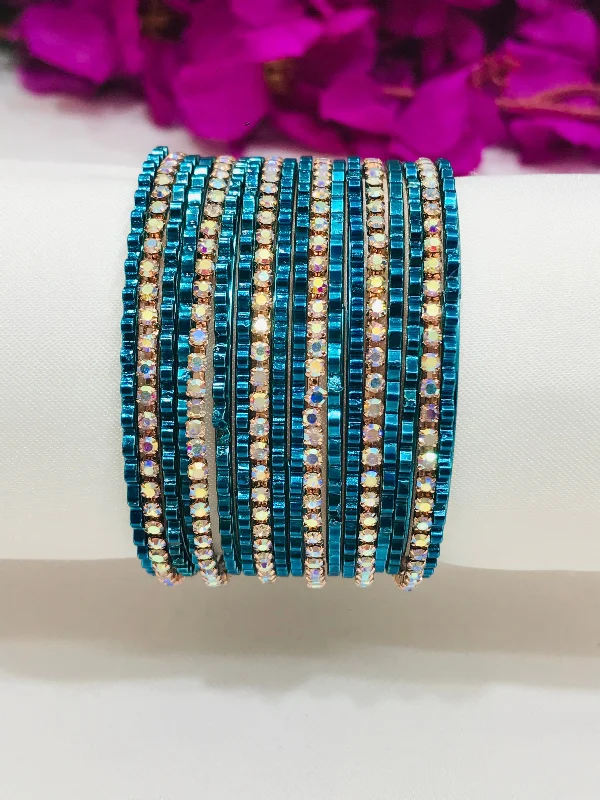 Bangle Set with Pearls-Glinting Teal Blue Color Metal Bangles With White Stones For Women