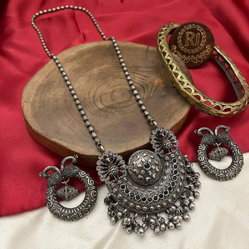 Elegant Gold Leaf Necklace-FS Collection Oxidised Plated Pota Stone Long Necklace Set