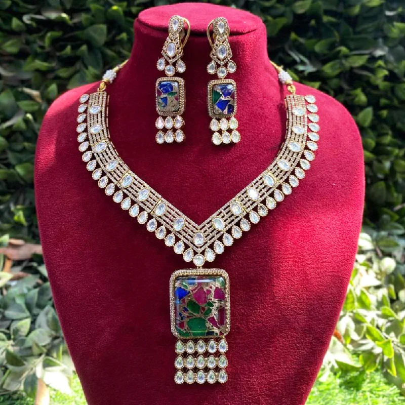 Name Necklace for Mom-Royal Kundan Jewellery Gold Plated Polki Kundan And Druzy Stone Necklace Set