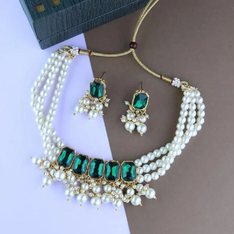 Heart Shaped Necklace-Etnico Gold Plated Traditional Green Stone Studded Multi Layered White Pearl Choker Necklace Jewellery Set with Earrings for Women And Girls (IJ355G)