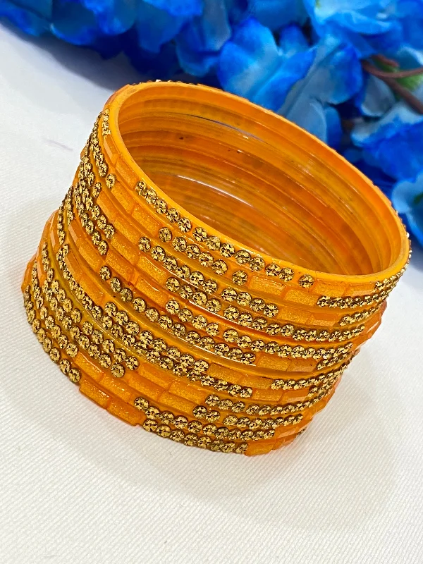 Beaded Gold Bangles-Attractive Orange Color Cut Work With Stone Design Glass Bangles For Women