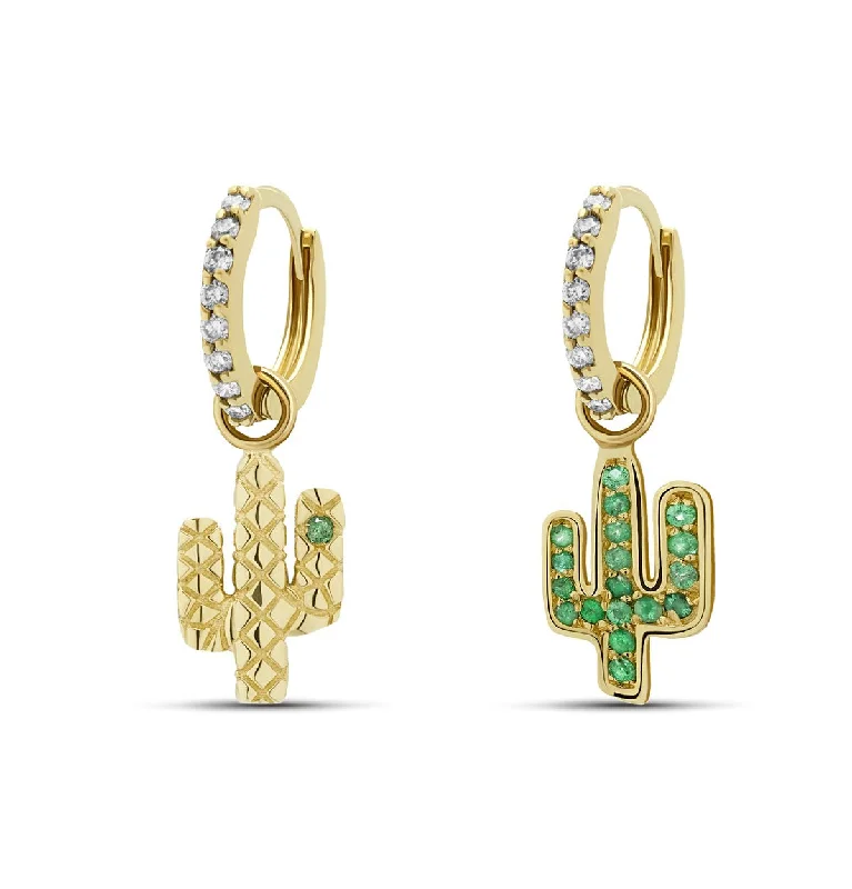 Multicolor Earrings-Cactus Emerald Diamond Huggies - 14 karat gold huggie earrings, diamond 0.22ct, emerald 0.3ct