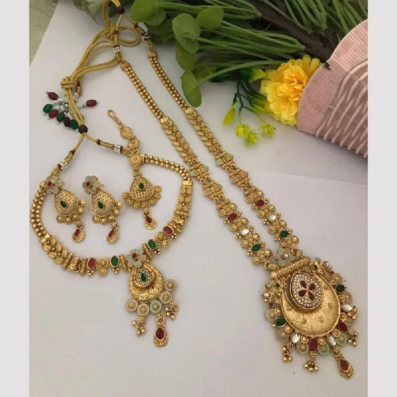 Gemstone Beaded Necklace-FS Collection Gold Plated Pota Stone And Meenakari Double Necklace Set