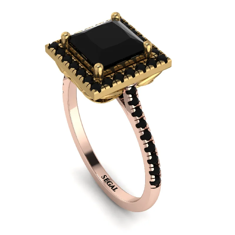 Artistic Design Ring-Two Tones Gorgeous Princess Cut Black Diamond Pave Engagement Ring With Hidden Stone - Margot No. 79