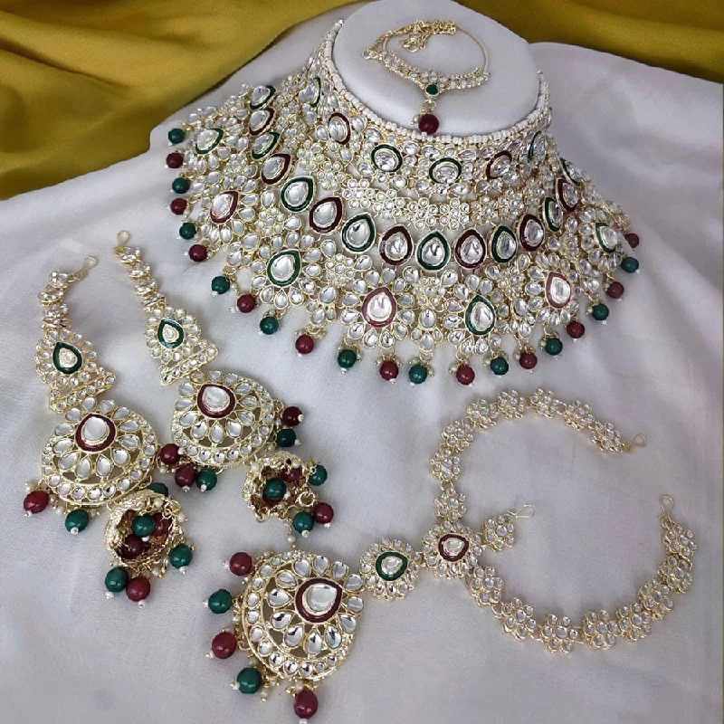 Wedding Pearl Necklace-Gehana Mahal Gold Plated Kundan Stone And Meenakari Semi Bridal Necklace Set