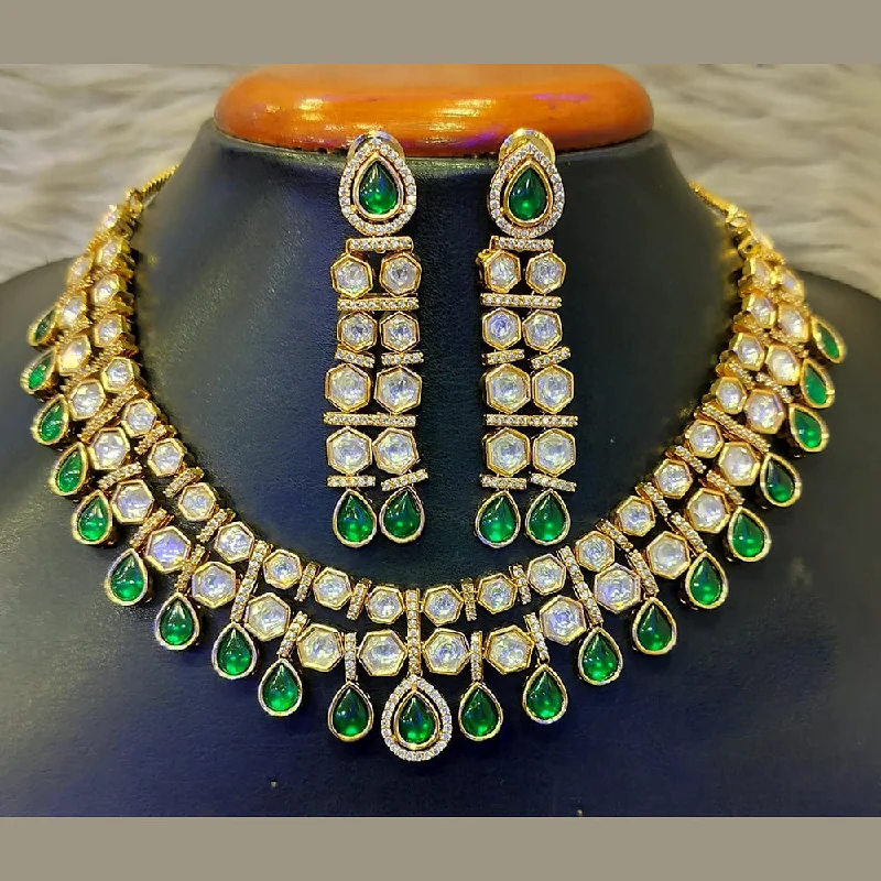 Simple Gemstone Necklace-Jain Jewellers Gold Plated Polki Kundan Stone Necklace Set