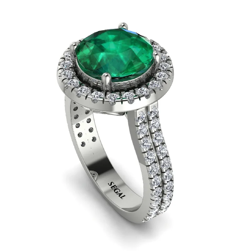 Gemstone Cocktail Ring-Gorgeous Round Cut Emerald Pave Double Shank Engagement Ring With Hidden Stone - Ellen No. 6