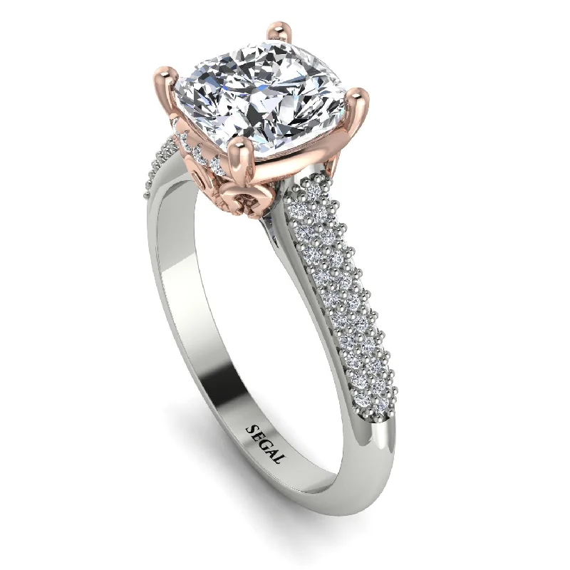 Elegant Cocktail Ring-Two Tones Luxury Pave Cushion Cut Diamond Engagement Ring With Hidden Stone - Esmeralda No. 78