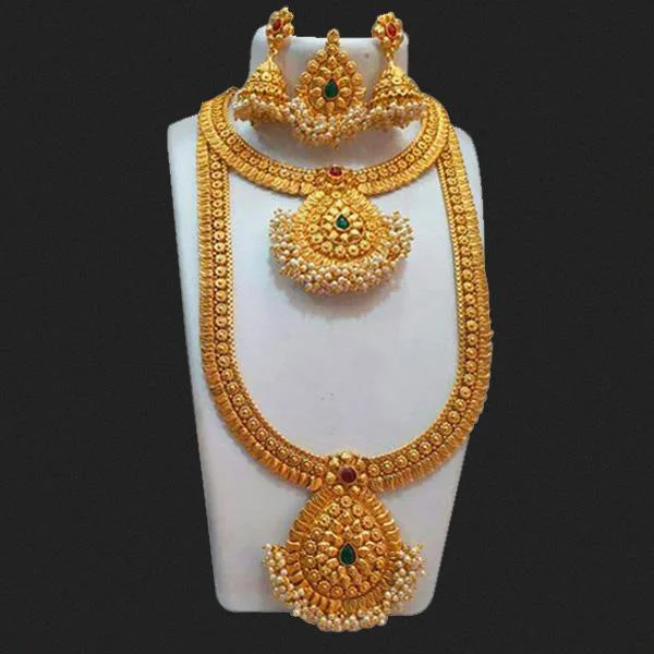 Double Chain Necklace-Darshana Jewels Pota Stone Double Necklace Set With Maang Tikka