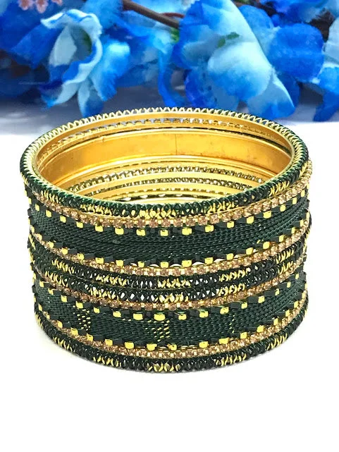 Gold Wedding Bangles with Diamonds-Gorgeous Green Color Metal Bangles Set For Women