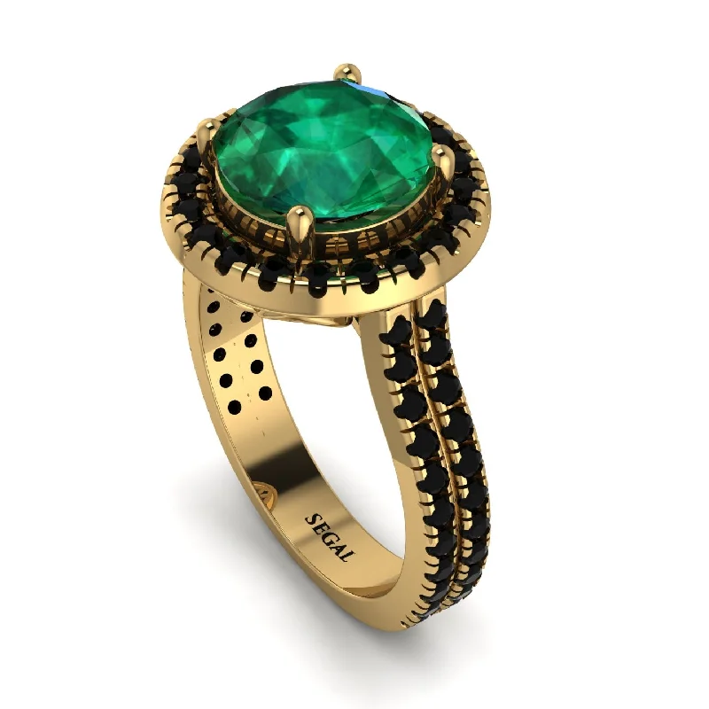 Large Gold Ring-Gorgeous Round Cut Emerald Pave Double Shank Engagement Ring With Hidden Stone - Ellen No. 34