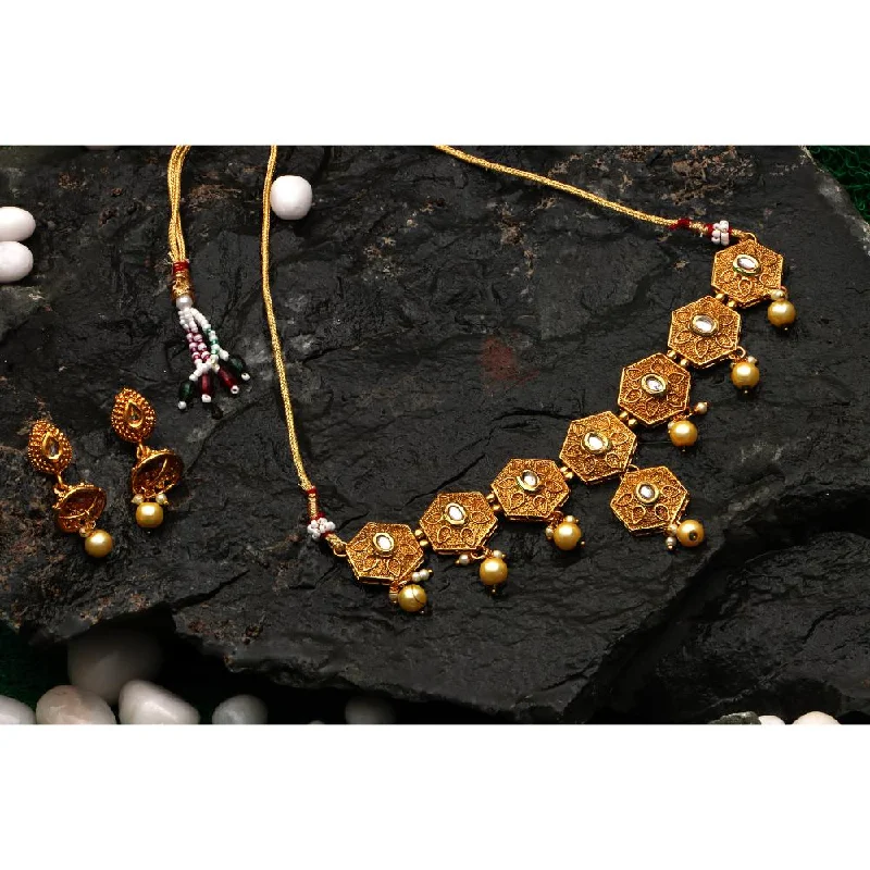 Minimalist Pendant Necklace-Darshana Jewels Gold Plated Pota Stone Choker Necklace Set