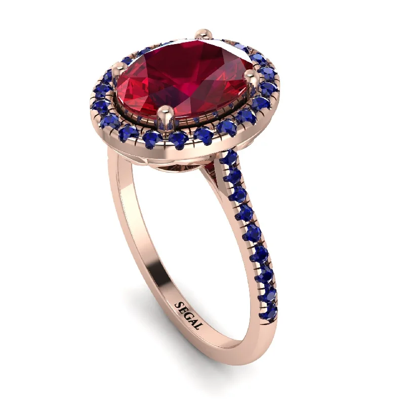 Matching Couple Rings-Gorgeous Oval Cut Ruby Pave Engagement Ring With Hidden Stone - Phoebe No. 71