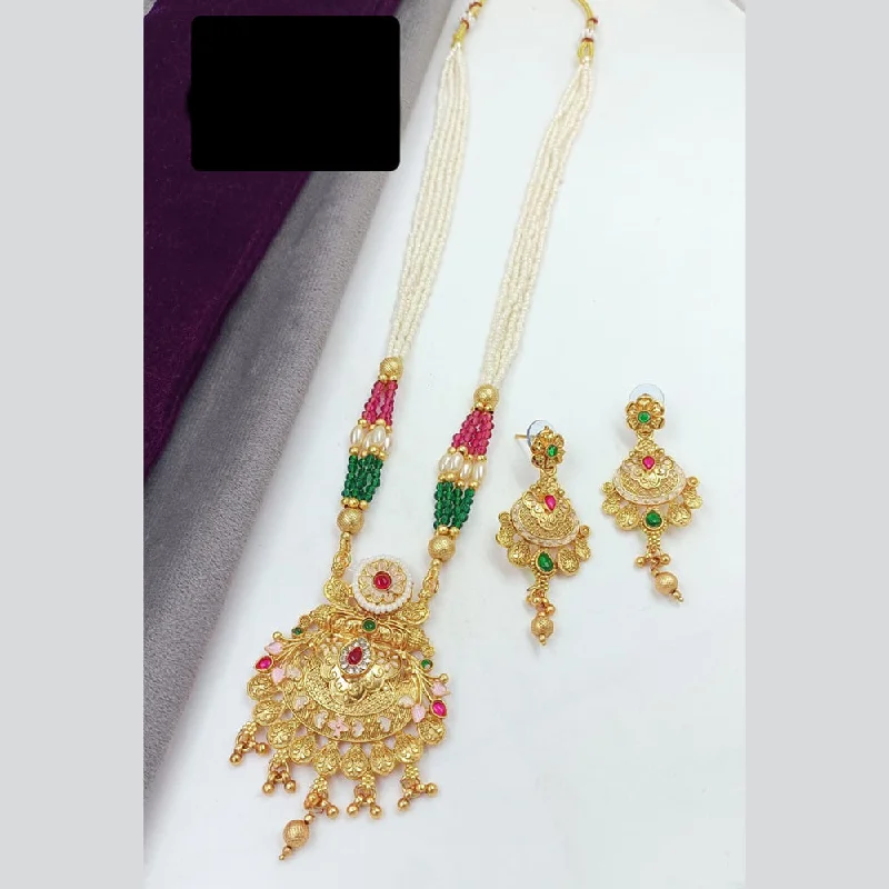 Luxury Diamond Pendant Necklace-Manisha Jewellery Gold Plated Pota Stone And Pearls Meenakari Long Necklace Set