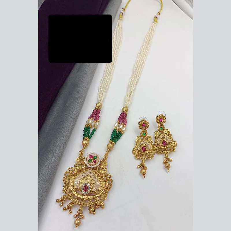 Double Layer Gold Necklace-Manisha Jewellery Gold Plated Pota Stone And Pearls Meenakari Long Necklace Set