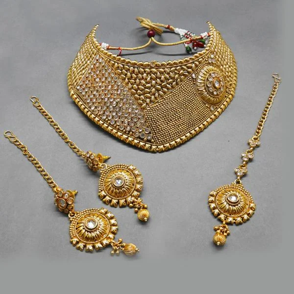 Bold Statement Necklace-Darshana Jewels Kundan Stone Copper Necklace Set With Maang Tikka - FAP0101