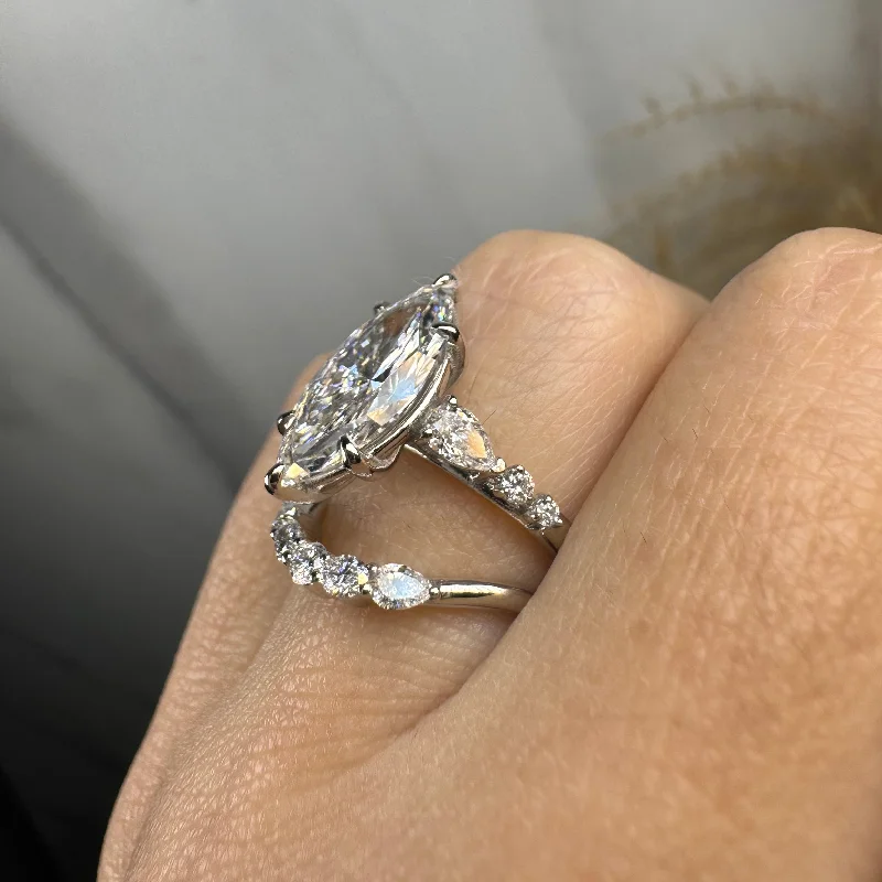 Classic Gold Band Ring-"Aurora" Marquise Cut Diamond Shoulder Matching Set Engagement Ring