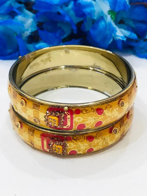 Beautiful Gold Bangle Set-Alluring Yellow Color Checked Design Glass Bangles For Women