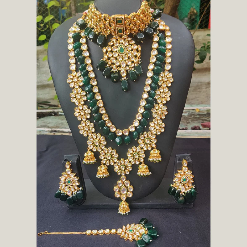 Simple Gold Necklace-Royal Kundan Jewellery Gold Plated Kundan Stone And Beads Double Necklace Set